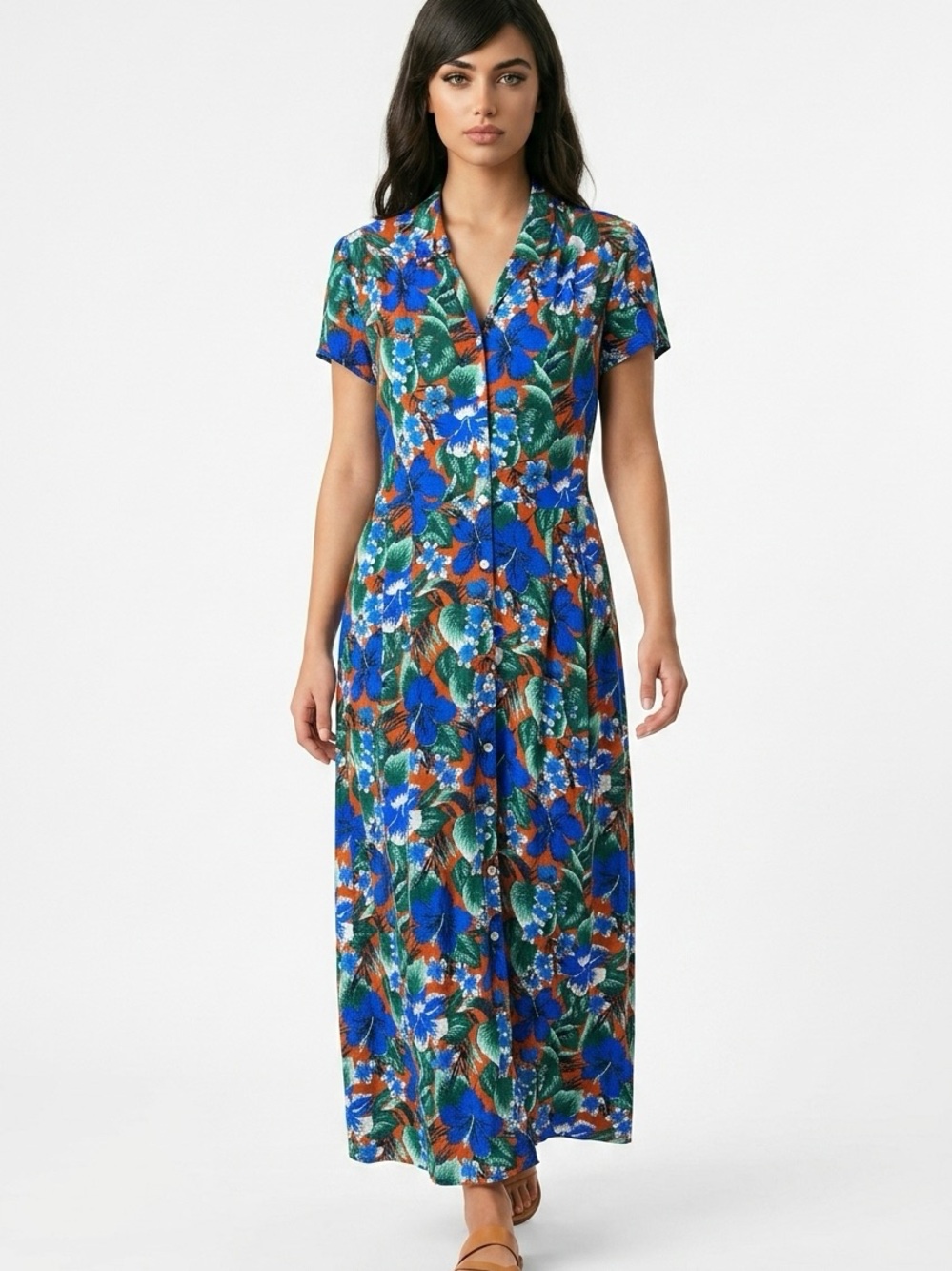 J Crew Factory Pleated Muliti Floral Tropical Button-Front Women's L Maxi Dress